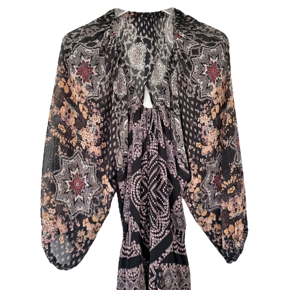 Free People Seven Wonders Black Combo Open Back Puff Sleeve Mini Dress Size M - Picture 3 of 12
